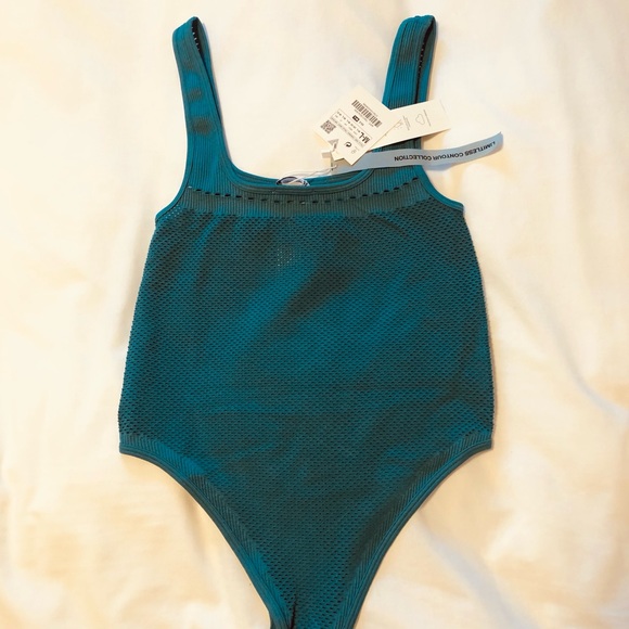 Zara M/L Teal Blue Perforated Seamless Contour Collection Bodysuit Crochet Knit - Picture 11 of 14